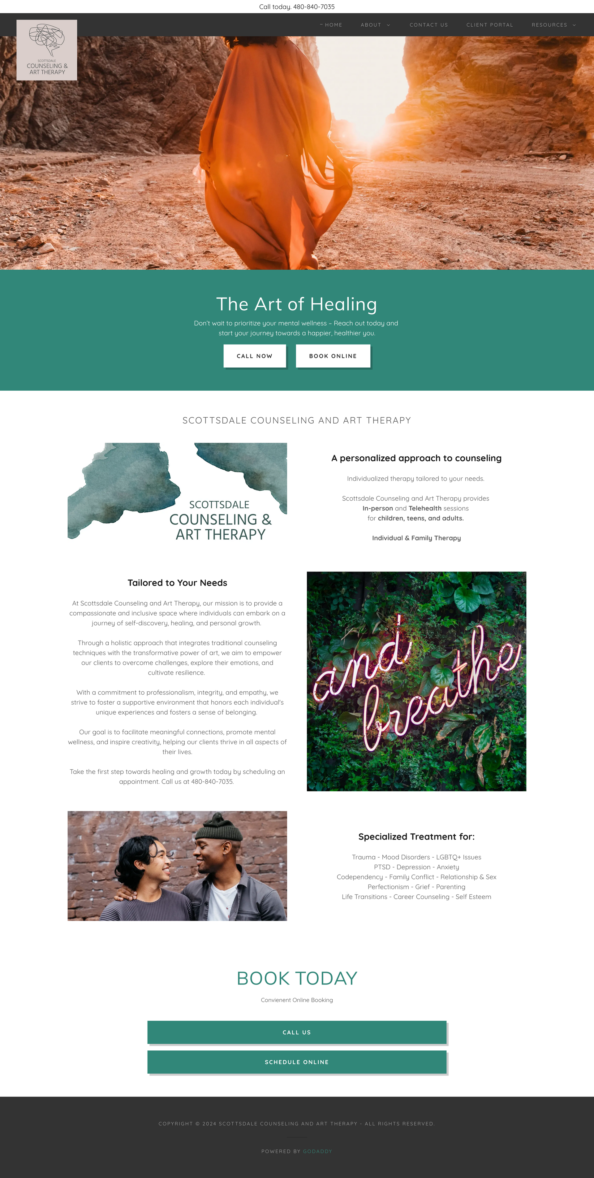 Website homepage with hero photo of woman in orange dress, teal section, and two-column content blocks below