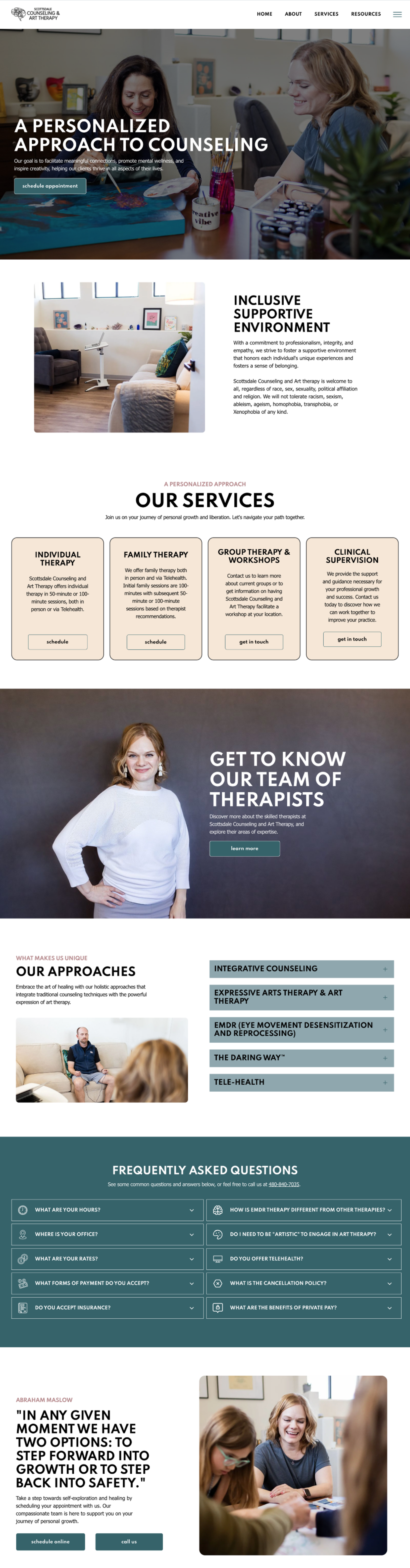 Promotional webpage screenshot with a hero banner, service cards, teal info sections, and a team photo