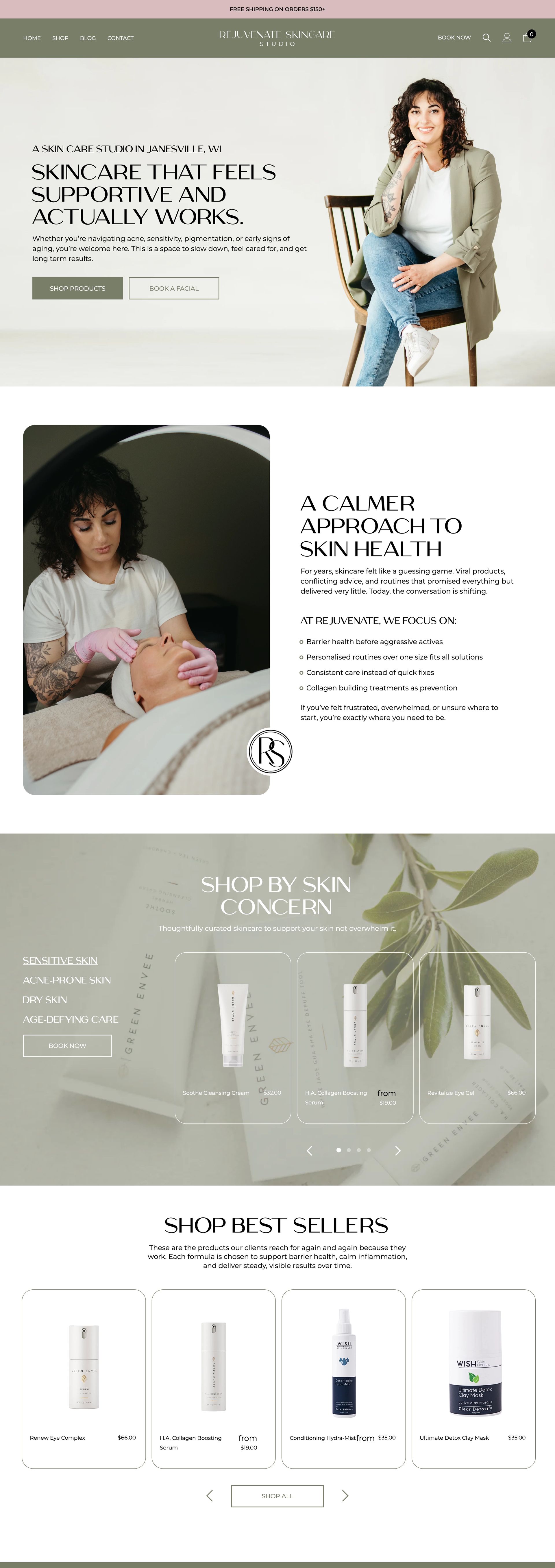 Website home page preview with esthetician and a skincare display on a soft green background