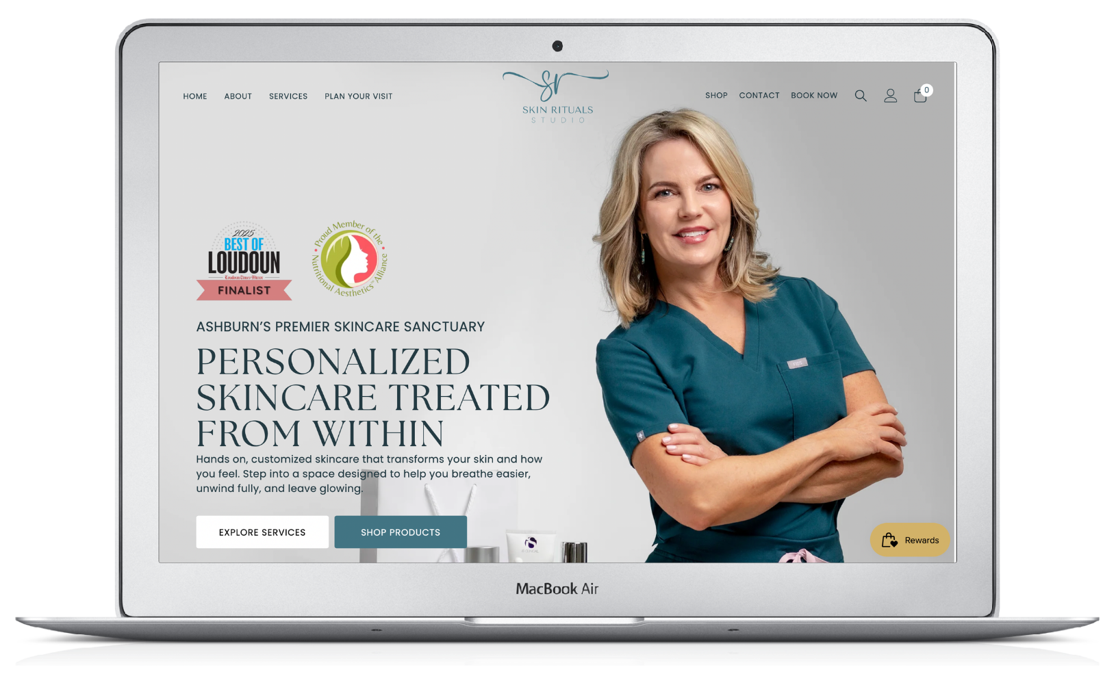 Website homepage on a laptop showing a skincare consultation service and a smiling clinician in teal scrubs