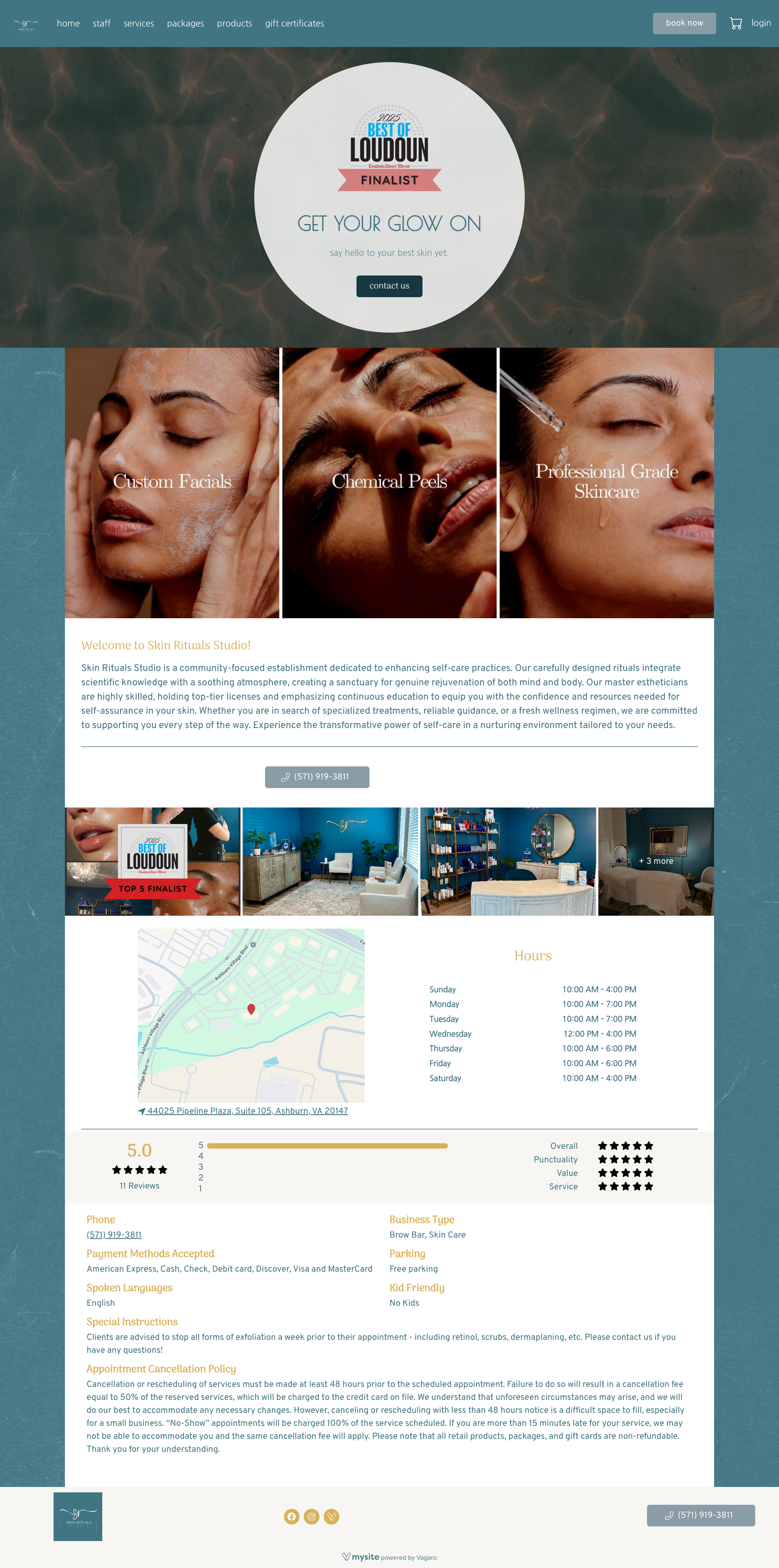 Spa and beauty salon website homepage with facial treatment images, map, and contact details