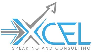 Xcel Speaking & Consulting A blue and gray logo for excel speaking and consulting