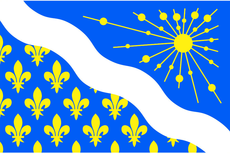 Un drapeau bleu et blanc avec une fleur de lys jaune dessus