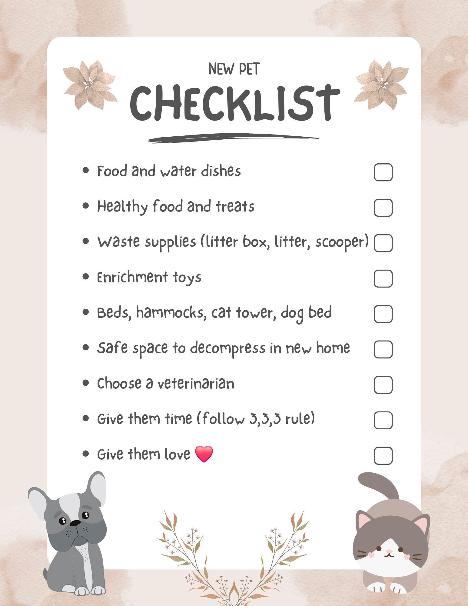 A checklist for a new pet with a dog and a cat on it.