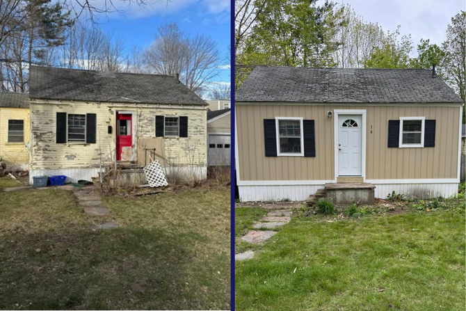 Before and after of a small house, showing the exterior after a renovation with new paint and trim.