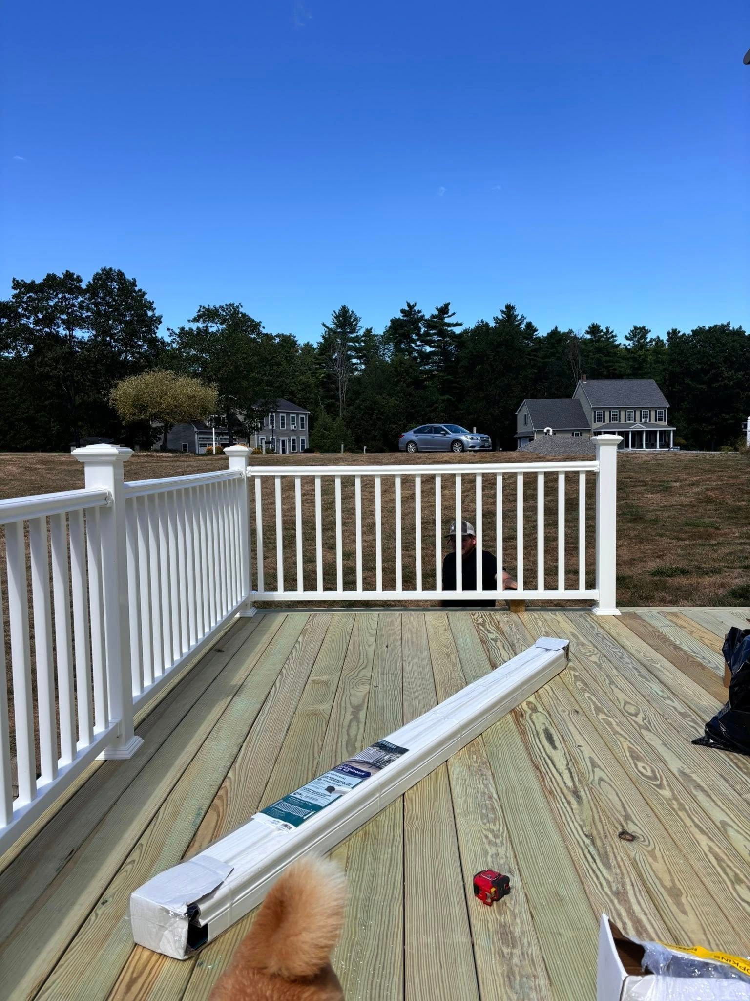 White deck railing on a wooden deck. A dog's back is visible. Houses and trees are in the background under a blue sky.