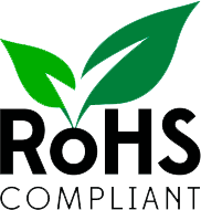 Un logotipo compatible con RoHS con una hoja verde sobre un fondo blanco.