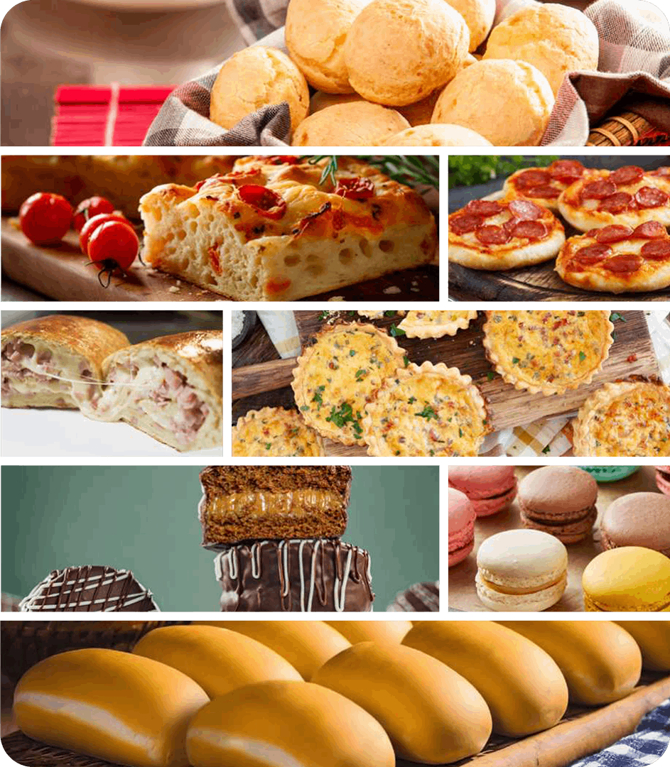 Un collage de diferentes tipos de pan y pasteles.