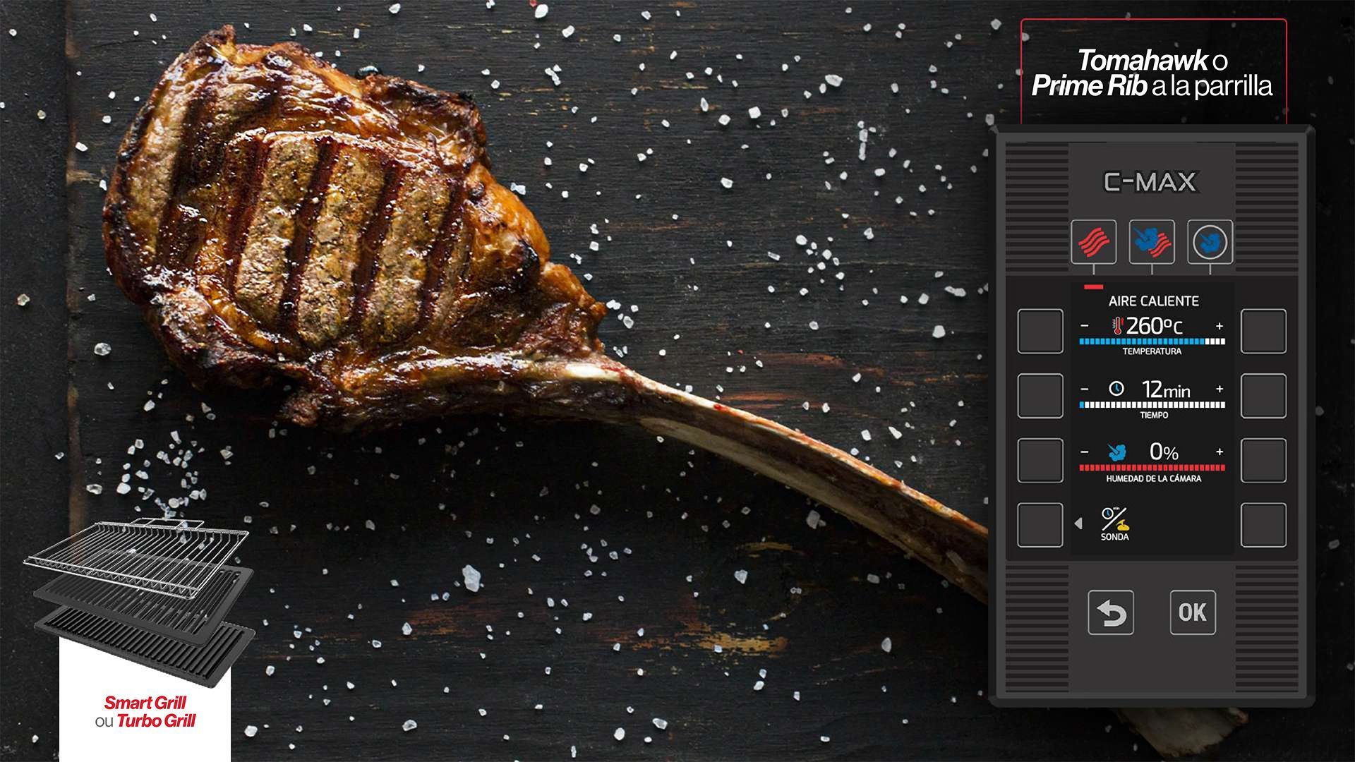 Una imagen de un filete con hueso junto a una pantalla que dice e-max