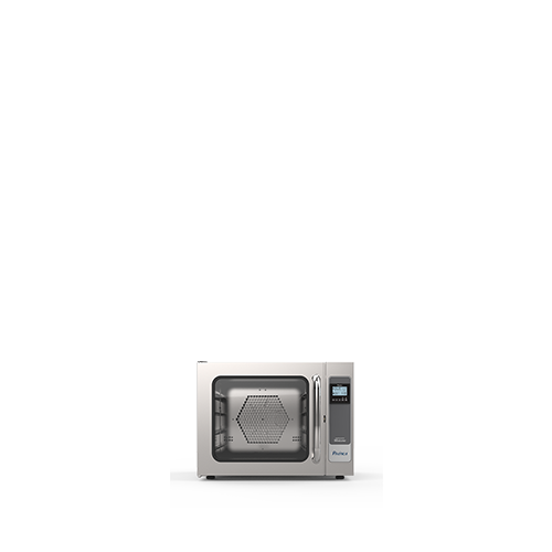 Un horno microondas de acero inoxidable está sobre una superficie blanca.