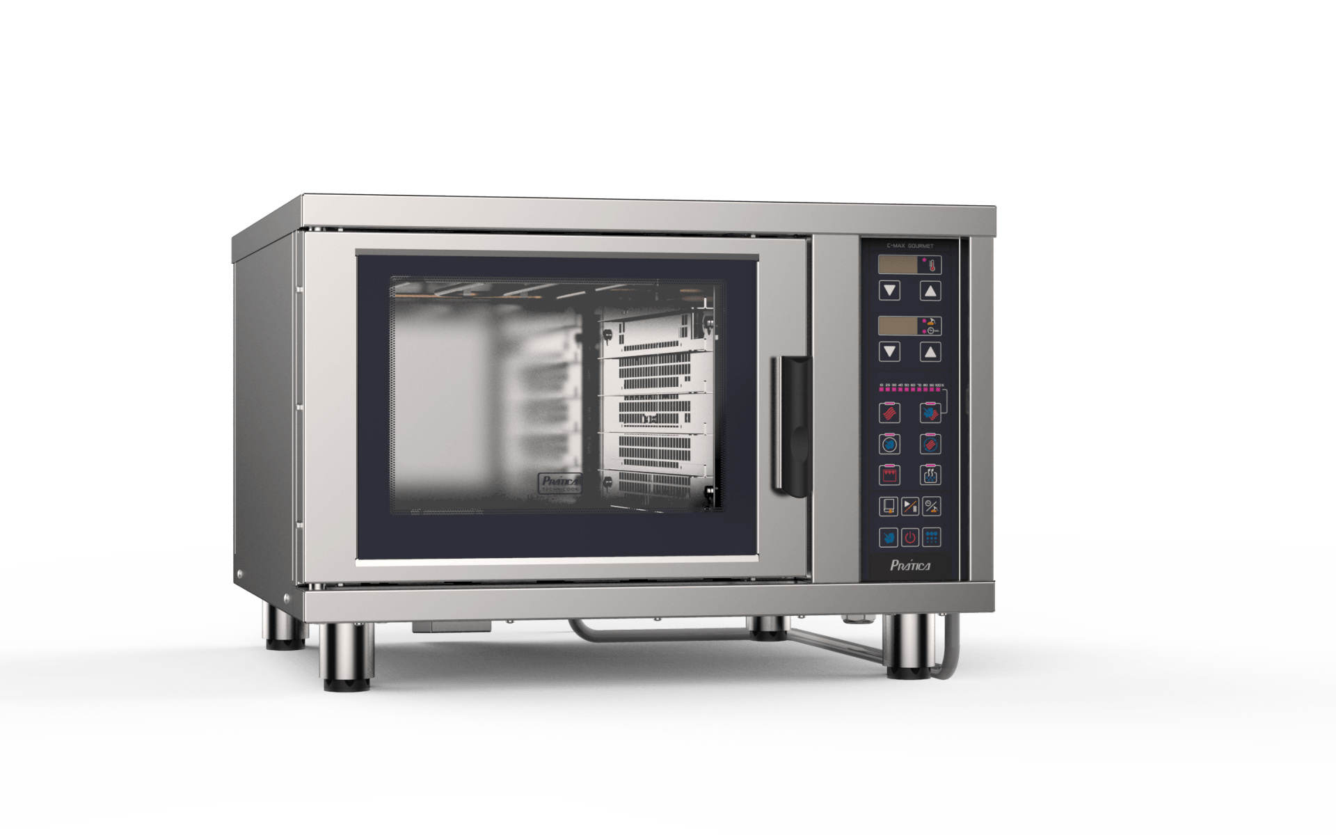 Un horno microondas de acero inoxidable con puerta de cristal sobre un fondo blanco.