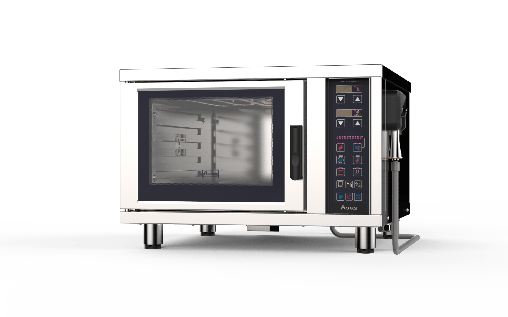 Un horno microondas de acero inoxidable está sobre una superficie blanca.