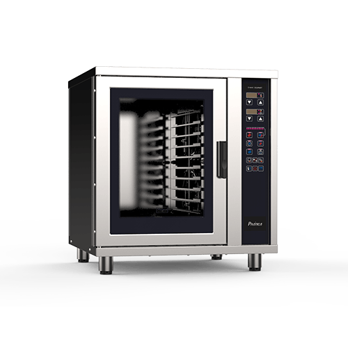 Un horno de convección de acero inoxidable con puerta de cristal sobre un fondo blanco.