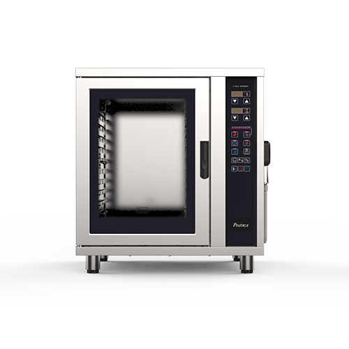 Un horno de convección de acero inoxidable con puerta de cristal sobre un fondo blanco.