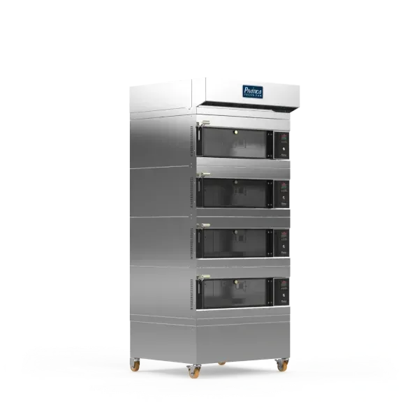 Un horno de acero inoxidable con ruedas sobre un fondo blanco.