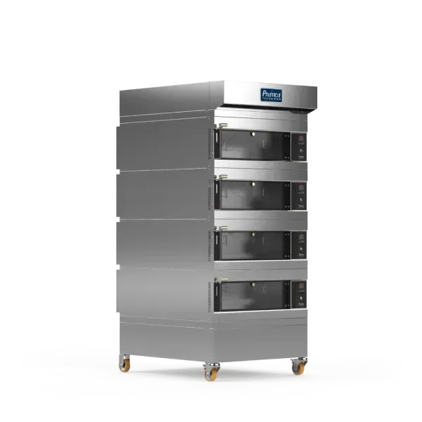 Un horno de acero inoxidable con ruedas sobre un fondo blanco.
