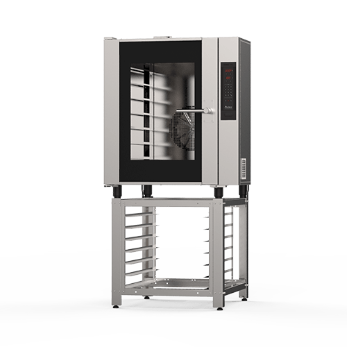Un horno de convección está colocado encima de un soporte de acero inoxidable sobre un fondo blanco.