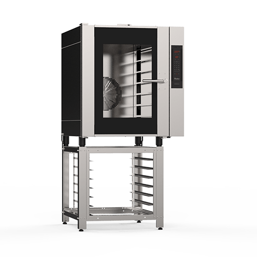Un horno de convección está colocado encima de un soporte de acero inoxidable.