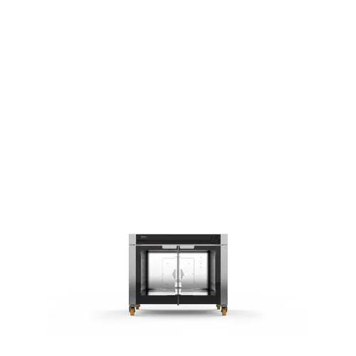 Un gabinete de acero inoxidable con una puerta de vidrio sobre un fondo blanco.