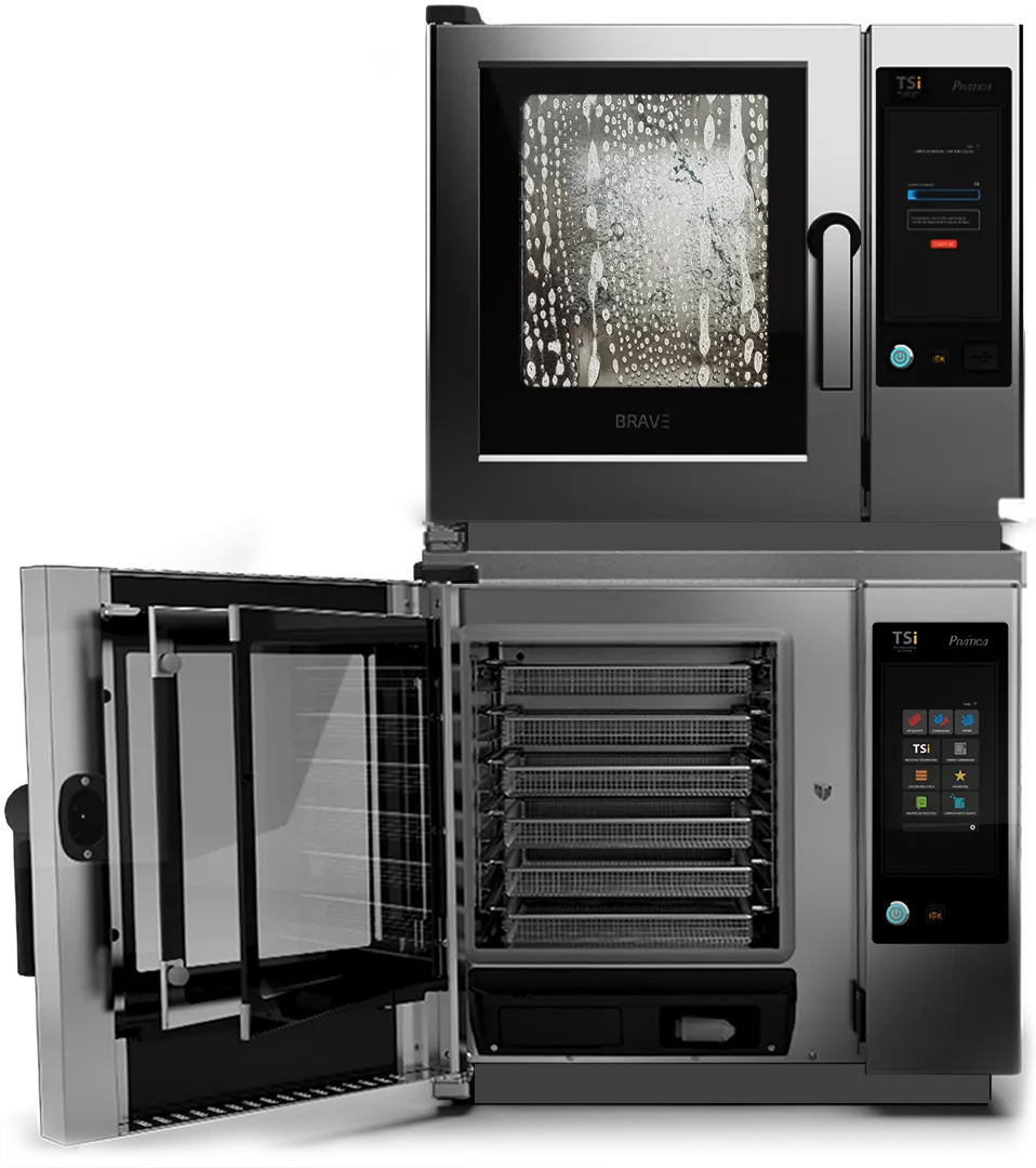 Un horno comercial de acero inoxidable con la puerta abierta.