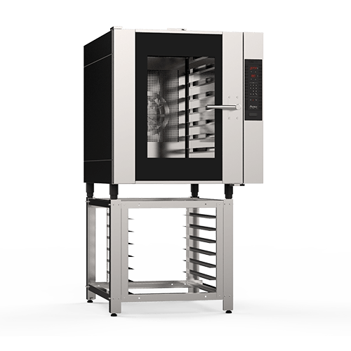 Un horno de convección está colocado encima de un soporte de acero inoxidable.