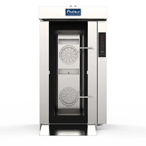 Es un horno de acero inoxidable con puerta de cristal.