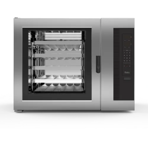 Un horno de acero inoxidable con puerta de cristal sobre un fondo blanco.