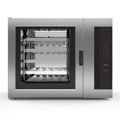 Un horno de convección de acero inoxidable con pantalla digital sobre fondo blanco.