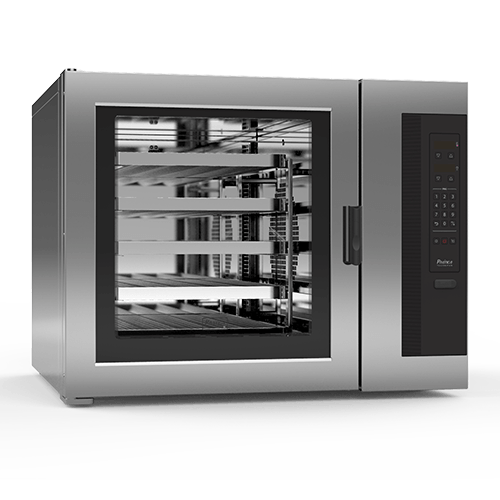 Un horno de acero inoxidable con puerta de cristal sobre un fondo blanco.