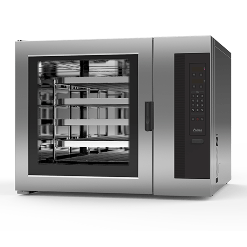 Un horno de convección de acero inoxidable con puerta de cristal sobre un fondo blanco.