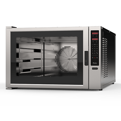 Un horno de acero inoxidable con un ventilador en su interior sobre un fondo blanco.