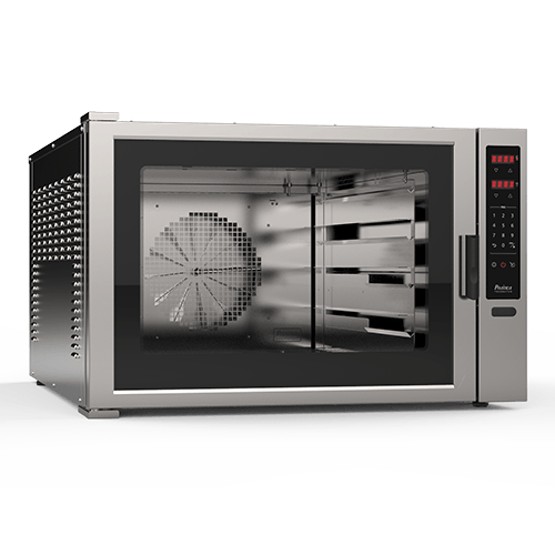 Un horno de acero inoxidable con un ventilador en su interior.