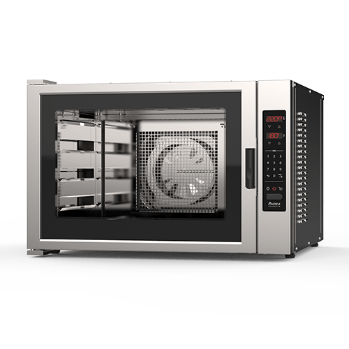 Un horno de acero inoxidable con un ventilador en su interior sobre un fondo blanco.