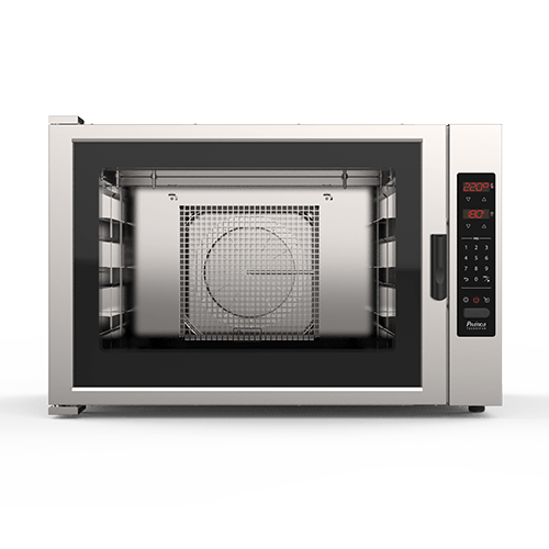 Un horno microondas de acero inoxidable con puerta de cristal sobre un fondo blanco.