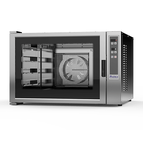 Un horno de acero inoxidable con un ventilador en su interior sobre un fondo blanco.