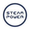 El logotipo de Steam Power es un círculo con las palabras Steam Power escritas en su interior.