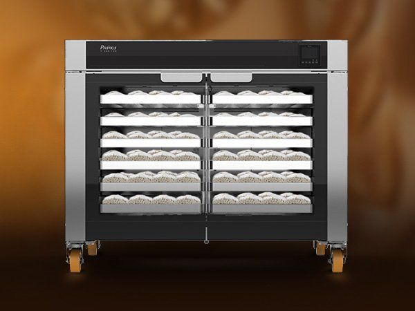 Un horno de acero inoxidable con ruedas y estantes llenos de pan.