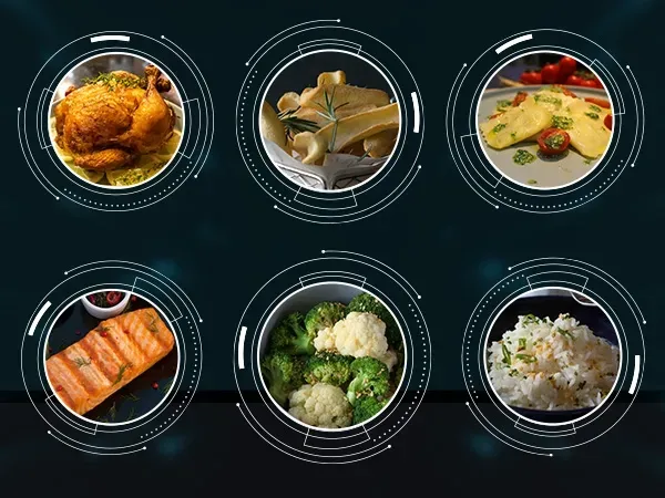 Se muestran seis tipos diferentes de alimentos en círculos sobre un fondo azul.