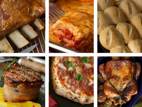 Un collage de diferentes tipos de comida, incluyendo pizza y pan.