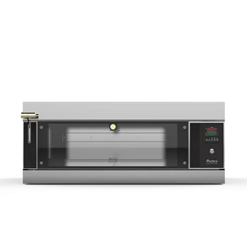 Un modelo 3D de un horno de pizza sobre un fondo blanco.