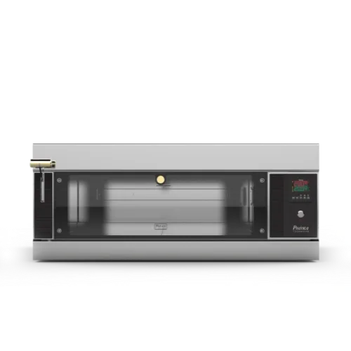 Un horno de acero inoxidable con puerta de cristal sobre un fondo blanco.