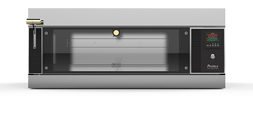 Un horno de acero inoxidable con puerta de cristal sobre un fondo blanco.