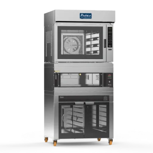 Un horno de acero inoxidable se apila uno encima del otro sobre un fondo blanco.