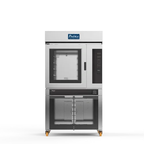 Un horno de acero inoxidable con puerta de cristal y ruedas sobre un fondo blanco.