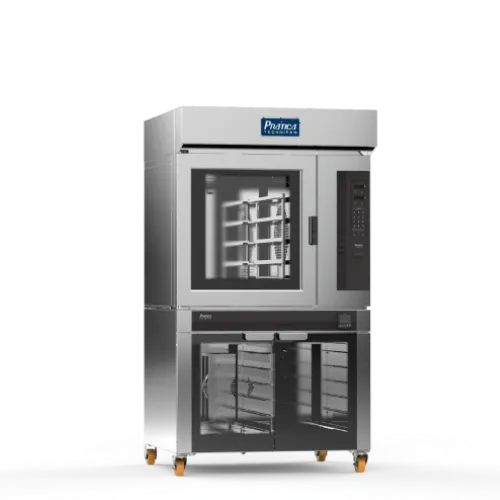Un horno de acero inoxidable con ruedas sobre un fondo blanco.