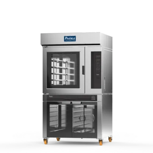 Un horno de acero inoxidable con ruedas sobre un fondo blanco.