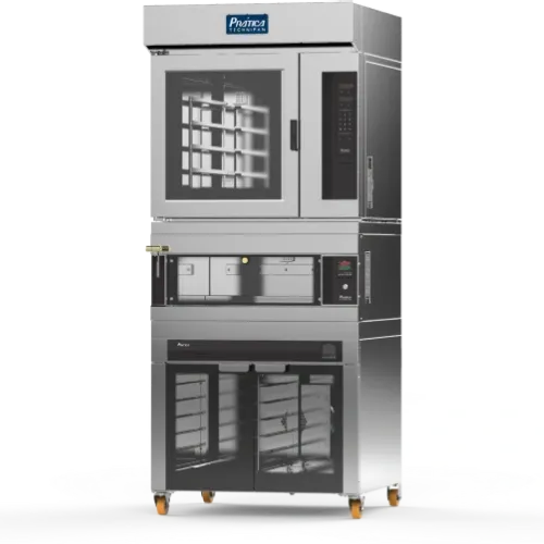 Un horno de acero inoxidable con ruedas sobre un fondo blanco.