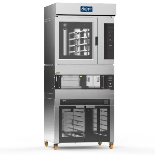 Un horno de acero inoxidable con ruedas sobre un fondo blanco.