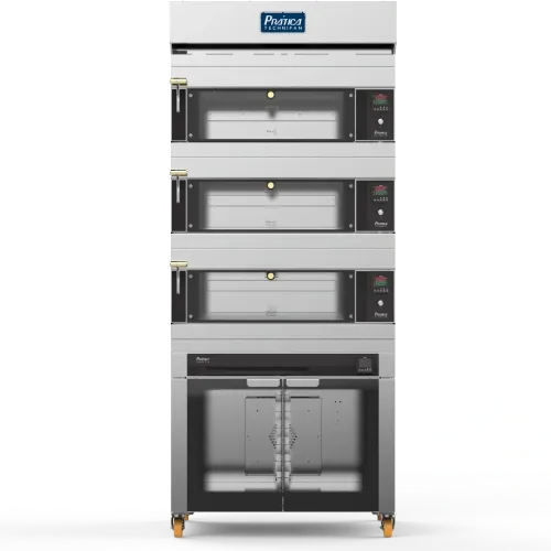 Un horno de acero inoxidable se apila uno encima del otro sobre un fondo blanco.