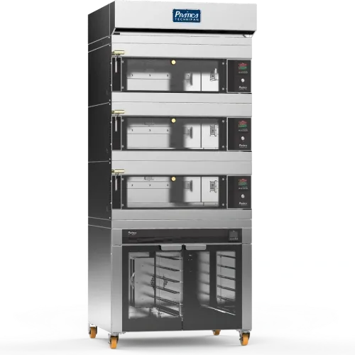 Un horno de acero inoxidable se apila uno encima del otro sobre un fondo blanco.